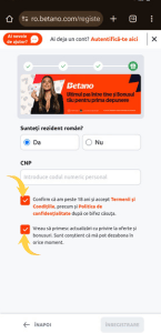 CNP si confirmare 18+ Betano