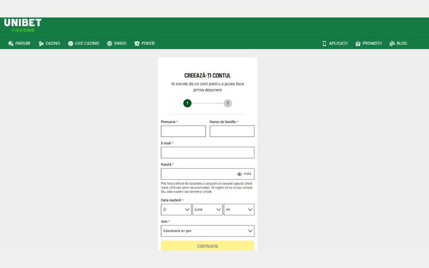 Formular 1 de inregistare la Unibet Casino