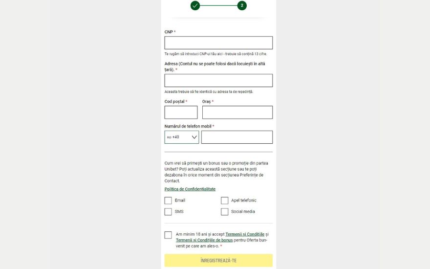 Formular 2 de inregistare la Unibet Casino Online Romania