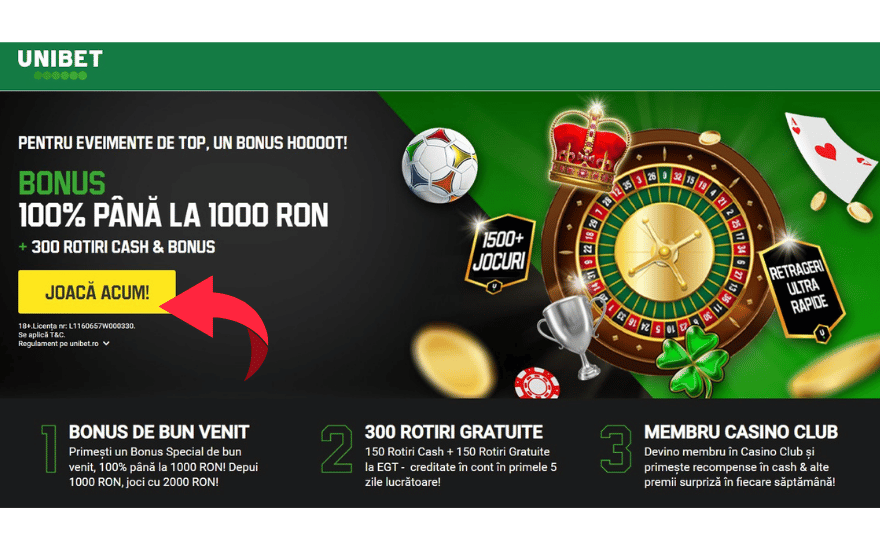 selecteaza oferta 100% pana la 1000 Ron si 300 rotiri gratuite la Unibet Casino